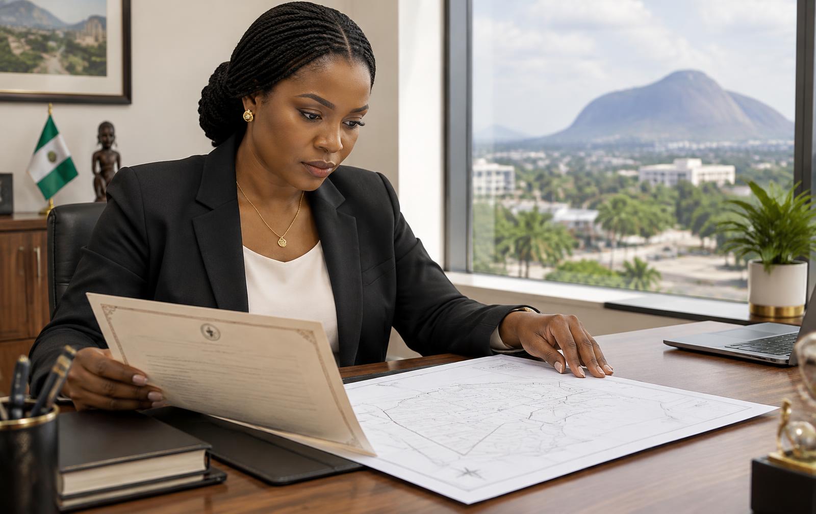 A Nigerian professional reviewing a land title document and survey plan in an Abuja office